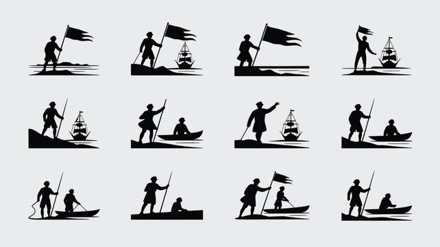 Silhouette of people sailing and exploring the ocean with flags