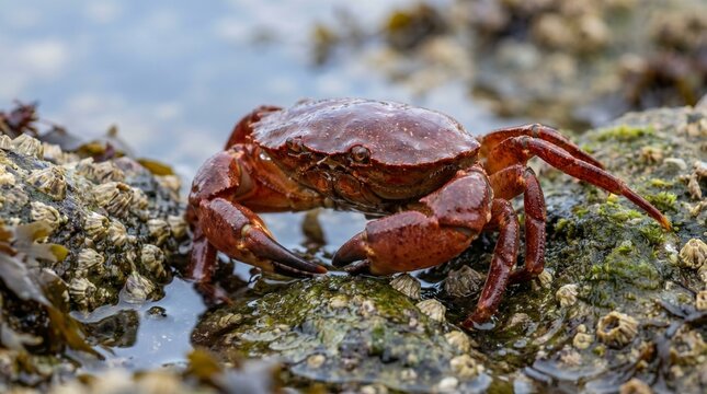 Red crab rests on wet rocks covered in barnacles and seaweed, coastal marine environment.