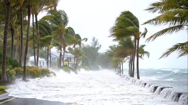 Hurricane storm surge flooding a tropical neighborhood, violent wind bending palm trees over a coastal road covered by rushing seawater, realistic extreme weather disaster scene