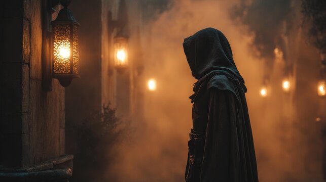 Mysterious hooded figure standing in a dimly lit alleyway with lanterns and fog