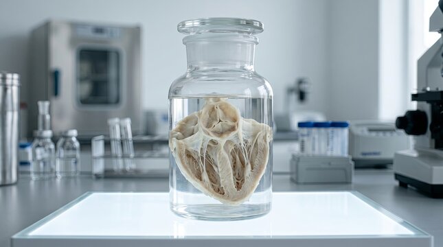 Preserved animal heart specimen in glass jar on illuminated lab table
