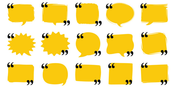 Text box frame set, quotation mark speech bubble elements, hand drawn marker brush stroke message frames, chat banner and dialog template design, square quote layout vector illustration.