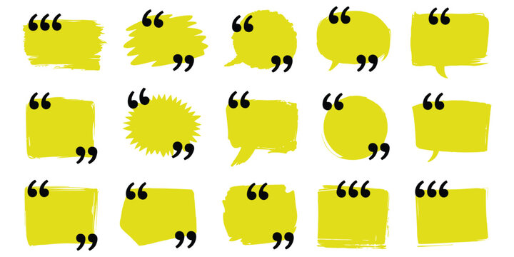 Text box frame set, quotation mark speech bubble elements, hand drawn marker brush stroke message frames, chat banner and dialog template design, square quote layout vector illustration.