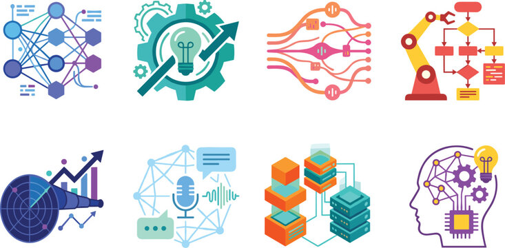 Artificial intelligence and machine learning vector icon set featuring neural network data processing automation and tech concepts