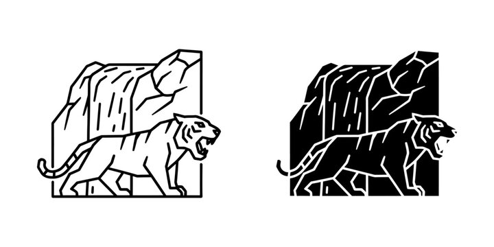 Roaring tiger standing near waterfall vector illustration with waterfall wildlife predator illustration adventure monochrome silhouette powerful
