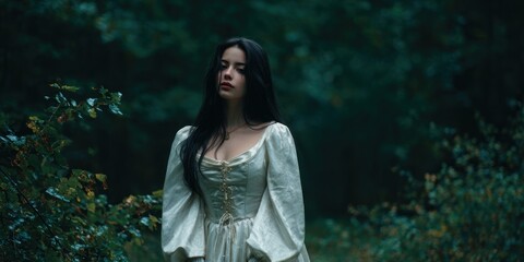 Fototapeta premium Woman in white dress stands in forest with dark hair and thoughtful expression