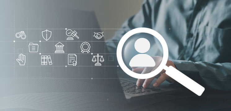 Legal client search concept with magnifying glass highlighting candidate profile on laptop screen. Recruitment, attorney selection, law firm hiring, compliance review and due diligence process.