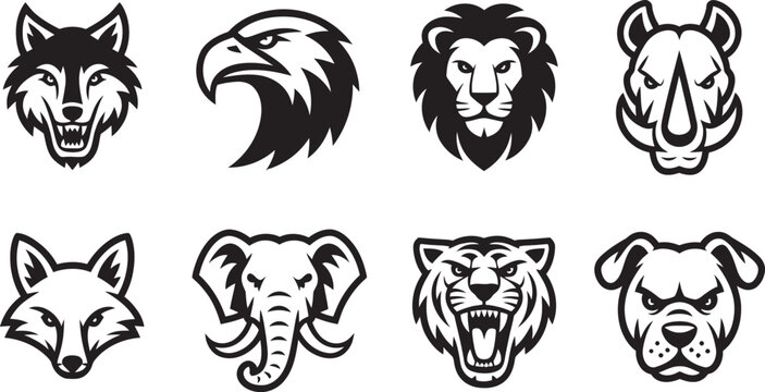 Powerful animal head logo set, vector collection featuring wolf, eagle, lion, rhinoceros, fox, elephant, tiger, and pitbull heads in a bold modern style ideal for sports teams, mascots, gaming,