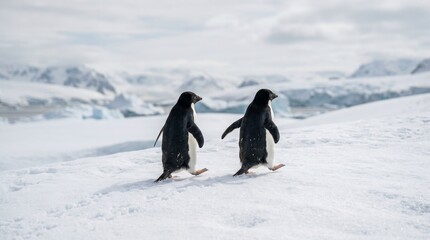 Two adelie penguins walk together across vast snow field against blurred mountain background in remote antarctic area. © Muktalal