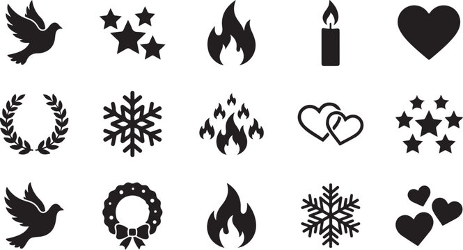 Professional vector illustration set featuring black flat icons of hearts doves stars flames snowflakes and decorative holiday festive wreaths