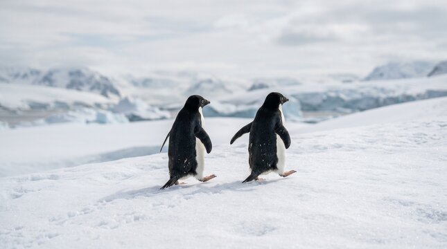 Two adelie penguins walk together across vast snow field against blurred mountain background in remote antarctic area.