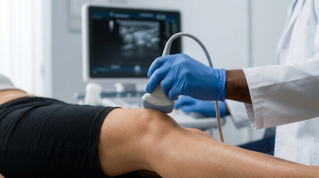 Doctor performing musculoskeletal ultrasound on patient in rheumatology exam, knee diagnosis and medical procedure