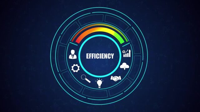 Business efficiency digital HUD interface loop, performance optimization concept animation, abstract technology motion graphics with workflow icons.