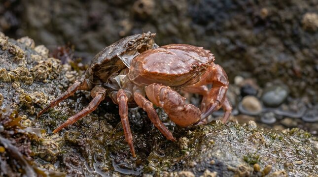 Two shore crabs interacting on rocky surface with algae, one appears to be molting or mating.