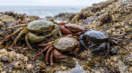 Various species of colorful crabs resting on barnacle covered rocks by sea shore during day with waves in distance. © Muktalal