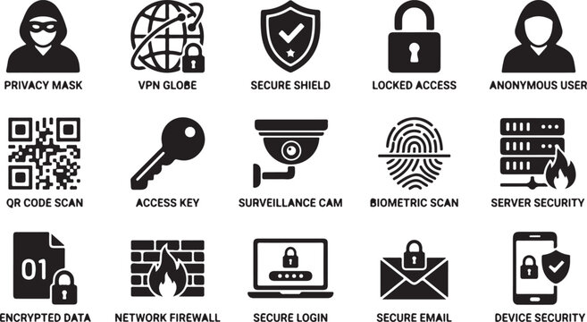 A set of black and white vector graphic icons representing digital security and privacy protection for modern computer network systems