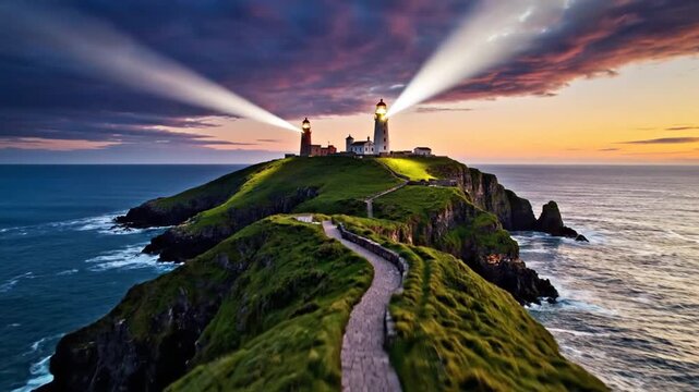 Two lighthouses at sunset with light beams and path on coastal cliff, drone moving forward.