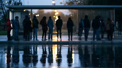 Obraz premium Energetic people wait at a modern bus stop with striking reflections on the wet pavement