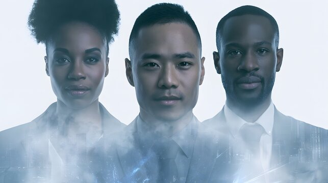 Double exposure portrait of diverse business professionals with city and technology overlay