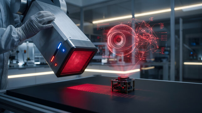 Hand operating 3d scanner in laboratory setting with red light