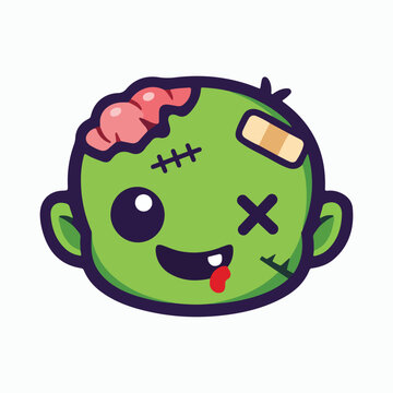Cute cartoon zombie head with exposed brain, stitches, and a bandage, winking with a single X eye, dripping blood from mouth, Halloween character, playful undead monster.