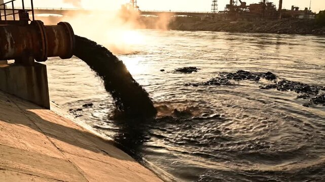Industrial waste water discharge from a pipe into a river at sunset