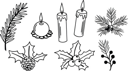 Fototapeta premium Christmas holiday set with pine branches, holly berries, a pinecone, and candles in black and white line style on a white background