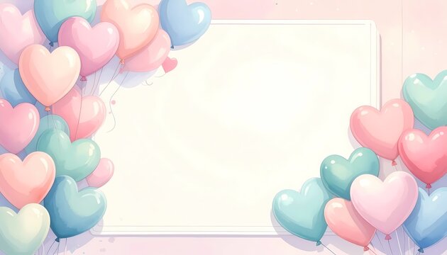 Pastel heart balloons wide shot frame composition for greeting cards digital watercolor illustration soft pastel lighting on light pink background