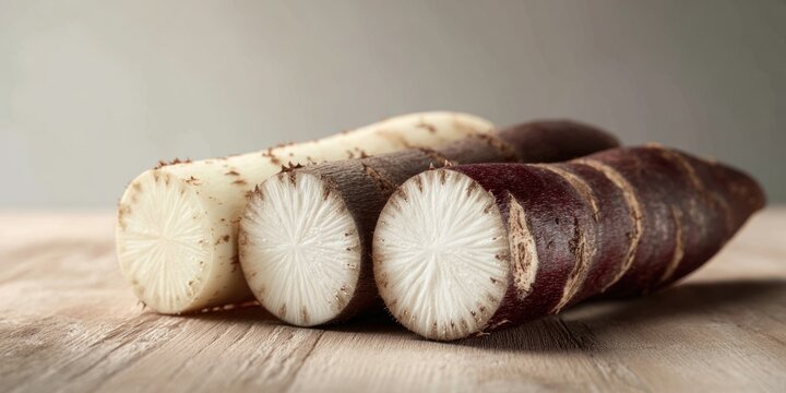 Close up of cut root vegetables showing white flesh and diverse textures on wooden surface