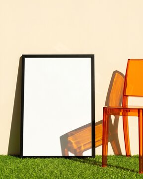 Blank vertical frame mockup leaning on green turf grass with orange acrylic chair
