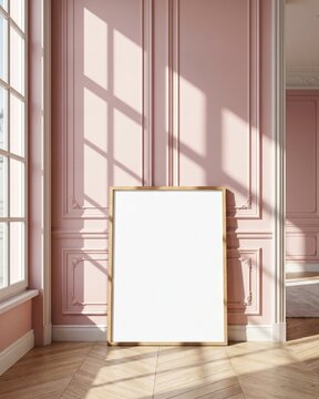 Blank wood frame mockup leaning against pink paneled wall with sunlight shadows