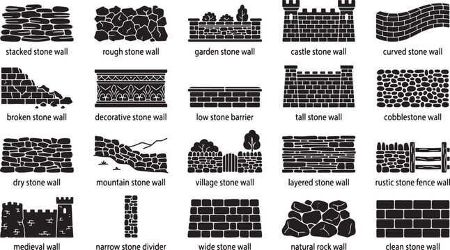 Set of stone wall icons featuring various textures and architectural styles for landscape design and construction projects