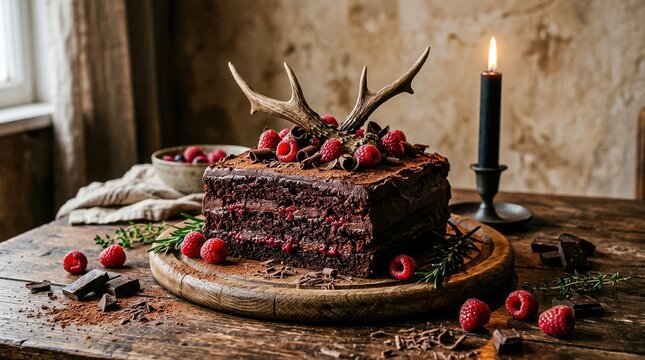 A rustic chocolate cake with raspberries and antlers on a wooden table
