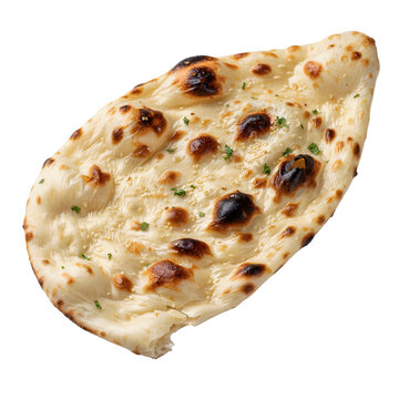 Freshly baked naan bread, a popular indian flatbread, garnished with parsley, golden brown with sesame seeds and char marks, food item