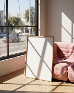 Blank wood frame mockup leaning on floor next to pink ribbed sofa with sunlight