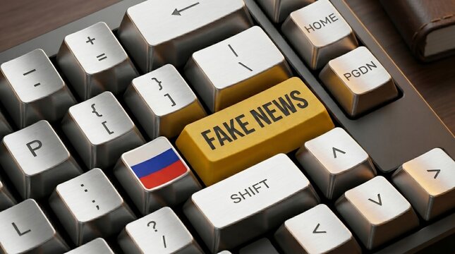 Fake news concept represented by a keyboard key with a russian flag symbolizing digital disinformation and online manipulation in global media networks