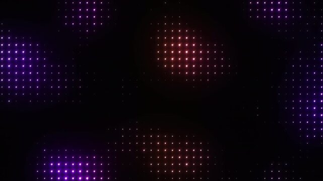 Abstract disco background of glowing neon LED lights motion. Disco light wall, vibrant dance party illumination, DJ music background, nightclub event VJ loop. Glittering festive concert stage. 4K loop