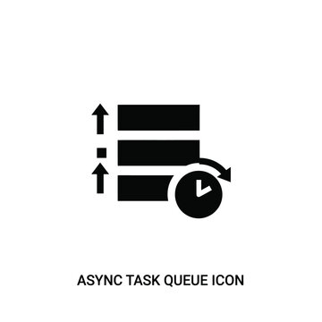 Async task queue icon with arrows and a clock a flat black silhouette on a white background asynchronous glyph