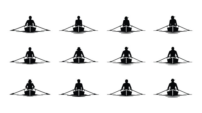 Rowing silhouettes of people in boats with oars on water