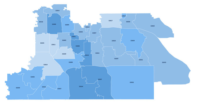 Orlando Florida ZIP Code Map, Labeled Editable Boundaries