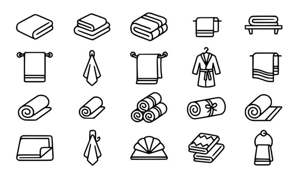 Towel, bathrobe and bathroom textile line icons set