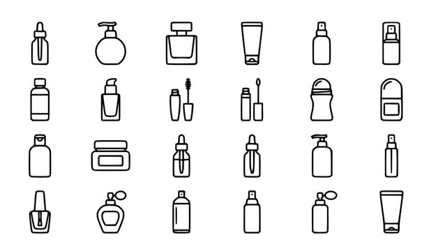 Cosmetics, skincare and beauty product line icons set