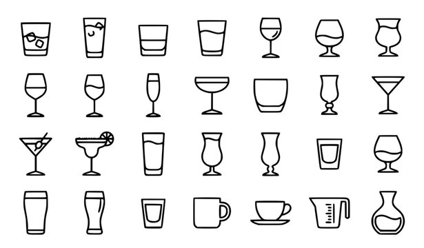 Drinking glasses, glassware and bar cocktail icons set