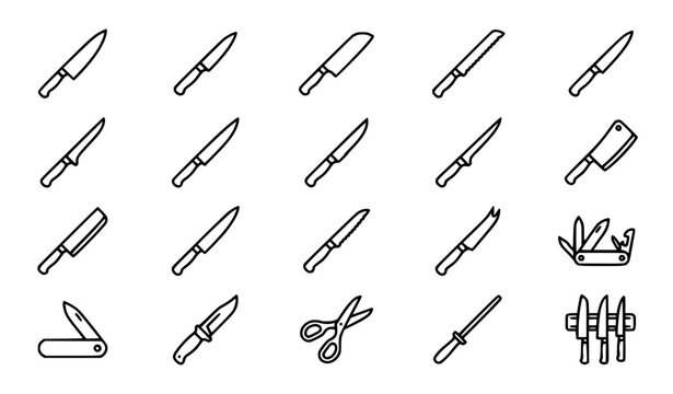 Kitchen knives, cutlery and chef tools icons set