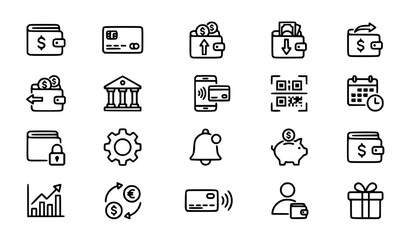 Fototapeta premium Finance, banking, and money payment line icons set
