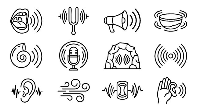 Sound and Audio Waves Line Icon Set Featuring Ear Microphone Megaphone and Tuning Fork.