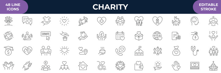 Fototapeta premium Charity icons set. Contains icons related of charity : caring for the elderly, helping homeless animals, donation, and more. line Icon. Editable stroke. Vector illustration