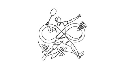 Fototapeta premium Badminton player action, continuous line art, infinity symbol, shuttlecock, sports