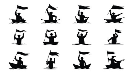 Obraz premium Silhouette of people in canoe or kayak waving flag celebrating victorious triumphant and excited conveying emotions of success