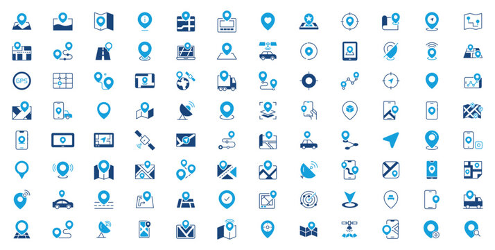 Navigation and maps solid icon set. Map pin, gps, destination, directions, distance, place, navigation and address vector icons collection.